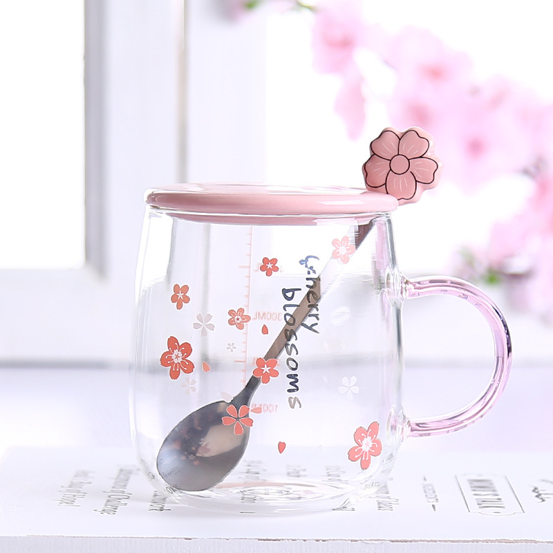  Novelty Pink Sakura High Boron Glass Cup with Ceramic Lid  Stainless Steel Spoon Drinking Cup 500ml/17oz Clear Measuring Scale Coffee  Mug with Handle Cute Cherry Blossom Water Cups for Milk Juice