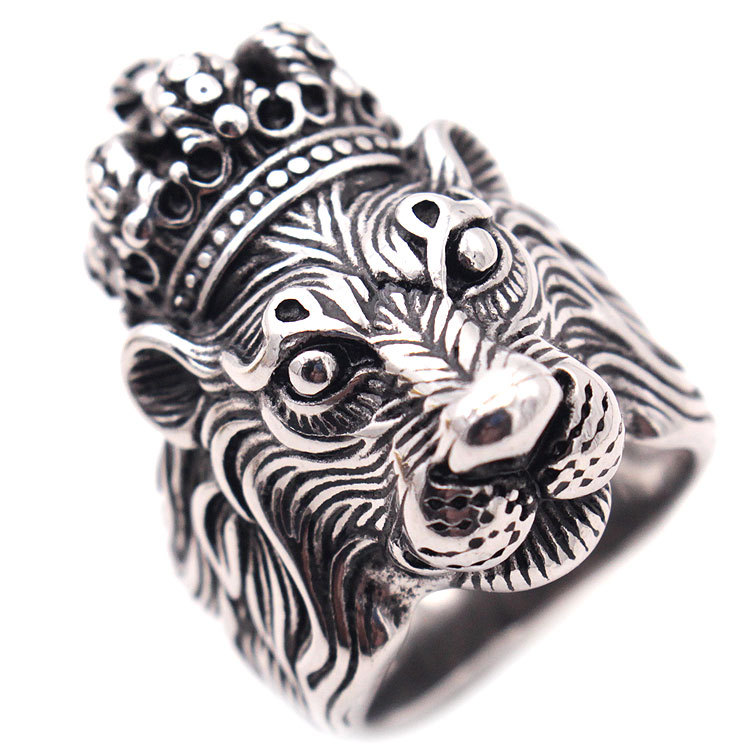 Sterling Silver Crown Lion King Ring For Men Boy Punk Retro Vintage