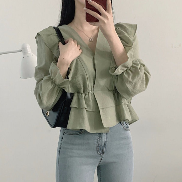 Solid Color V-Neck Ruffled Long-Sleeved Shirt Women One Button Top ...