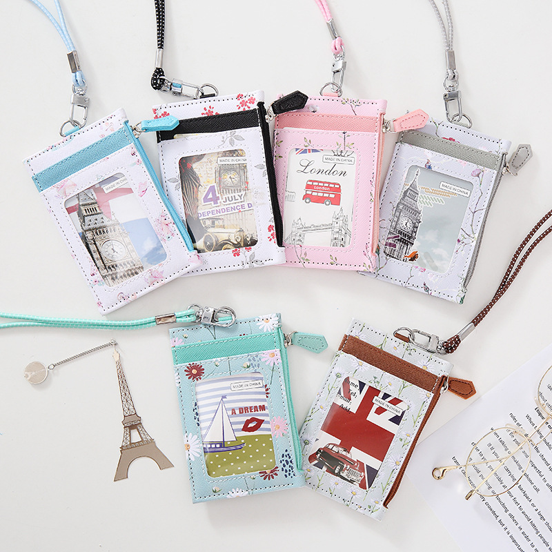 Custom Name ID Card Holder For Women Leather Girl Neck Hanging Card Holder With Lanyard Key Hook Bus Card Set