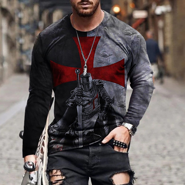 Printed T-shirt With Round Collar And Long Sleeves For Men