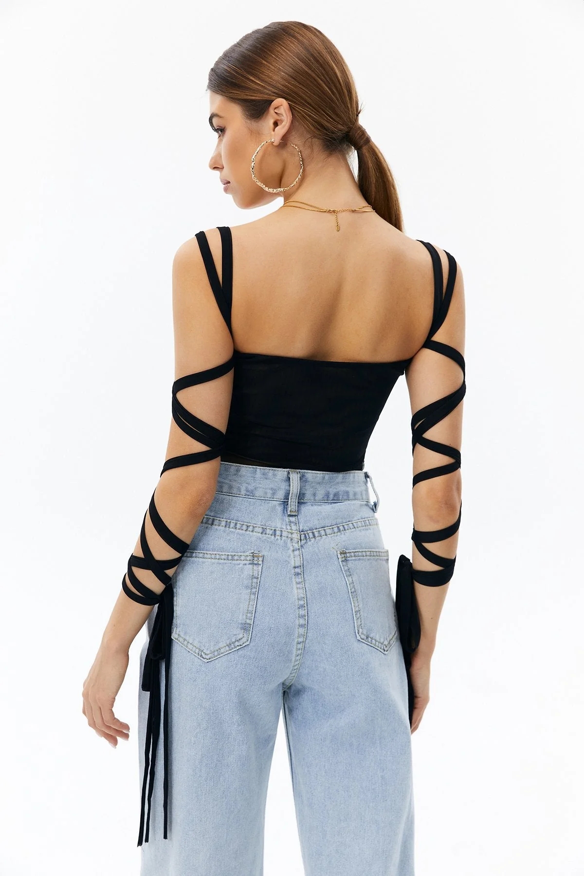 Solid Black Mesh Laced Arm Stretch Cami Crop Top