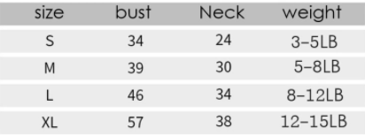 Pet Reflective Chest Harness Size Chart