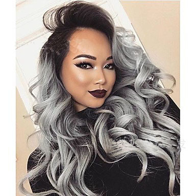 synthetic lace wig grey black Ombre wavy Style
