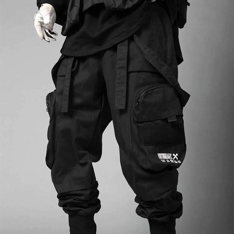 Techwear Black Cargo Pants, Large Pocket  with Straps Streetweart Joggers