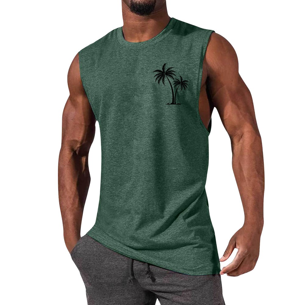 Men Tank Top Workout Muscle Sports Beach Vacation With Palm Tree Embroidery - Picture 8 of 15