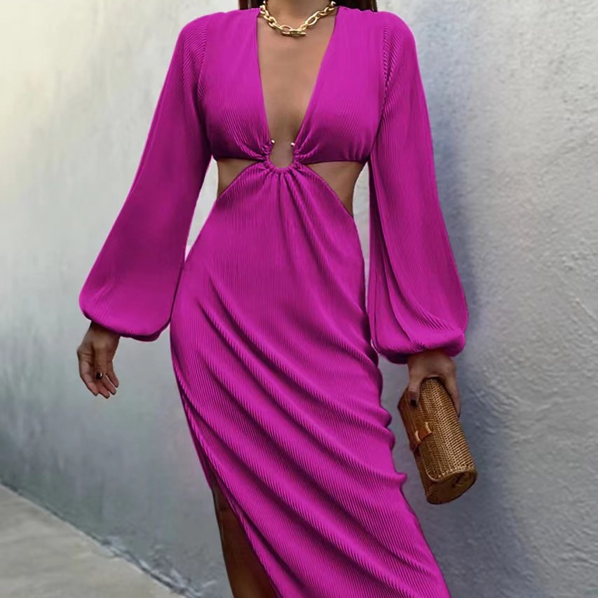 Women's Waist Pleating Printed Solid Color Dress Dresses main image 1