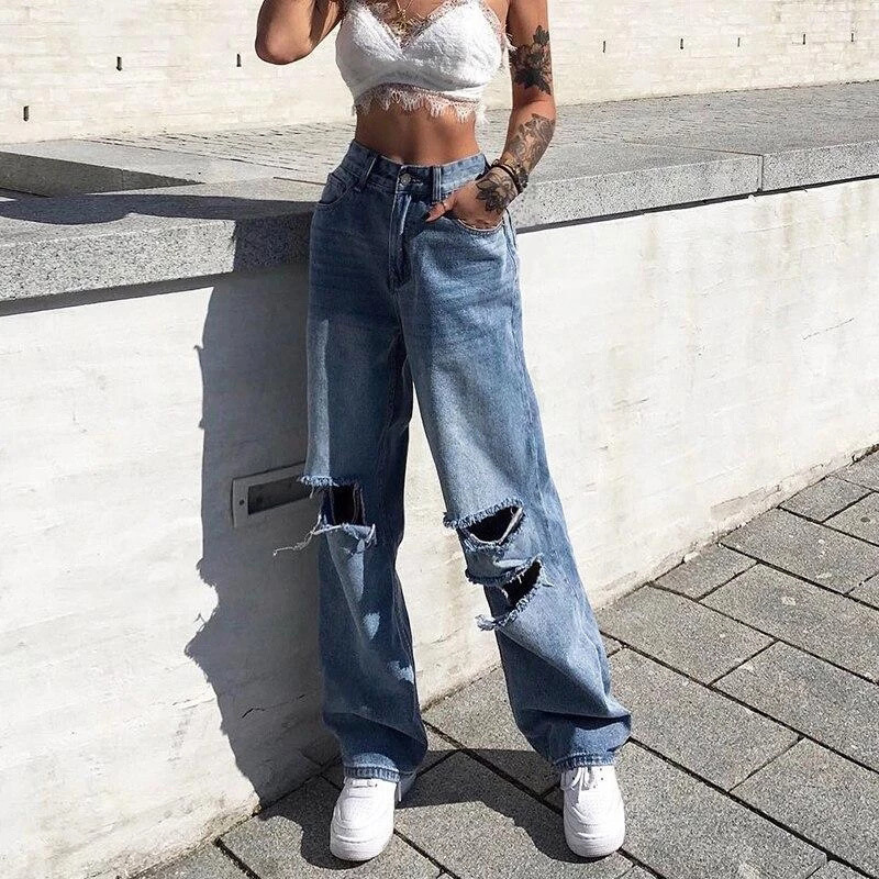 Streetwear Ripped Jeans Women Straight Pants Women Mid Waist Loose Summer  Baggy Jeans Y2K High Street Cargo Pants Women