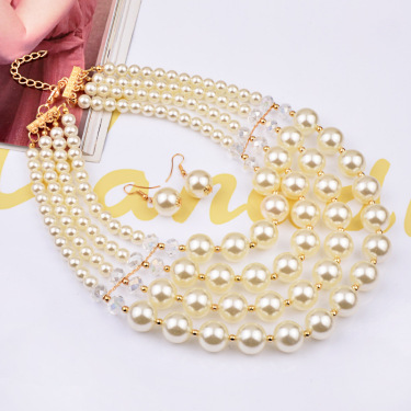 Europe necklace crystal pearl Long Necklace Earrings female bride jewelry set accessories—2