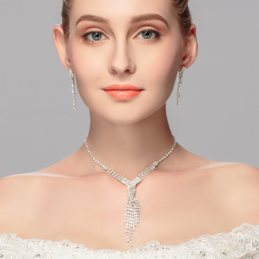 New European and American style bride fashion necklace earrings set two sets of high-end Rhinestone accessories wedding accessories—3