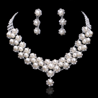 Europe and the United States foreign trade explosion bride pearl jewelry set classic classic diamond studded BRIDAL NECKLACE EARRINGS—6