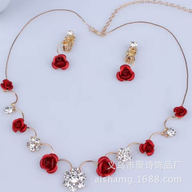 Korean small clear new bride red rose necklace, earrings, suit dress and accessories—6