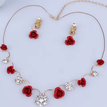 Korean small clear new bride red rose necklace, earrings, suit dress and accessories—3