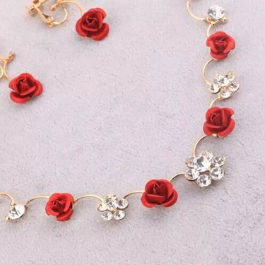 Korean small clear new bride red rose necklace, earrings, suit dress and accessories—4