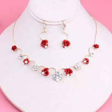 Korean small clear new bride red rose necklace, earrings, suit dress and accessories—5