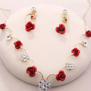 Korean small clear new bride red rose necklace, earrings, suit dress and accessories—1
