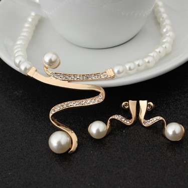 European fashion diamond crystal pearl necklace earrings set bride wedding accessories  CMT058—4