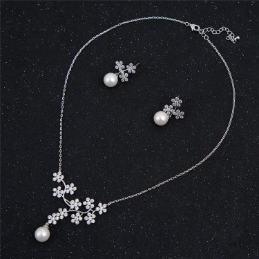 Fashion bride wedding jewelry set pearl necklace earrings earpins girls zircon stainless steel spot—1
