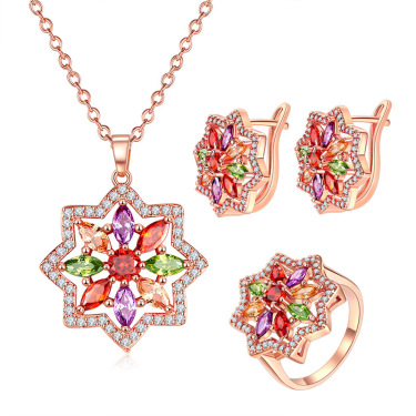 Bridal zircon suite, European and American zircon necklace earrings, three sets of crystal eight star star jewelry, India Necklace Set—1