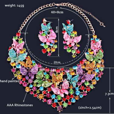 Handmade polychrome Butterfly Crystal Necklace Earrings luxury luxury diamond jewelry set for the Middle East and Africa—4