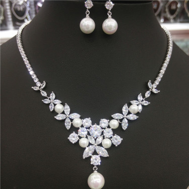 Bridal suite zircon Pearl Necklace + ear ear clip two pieces, simple wedding accessories Taobao source—1