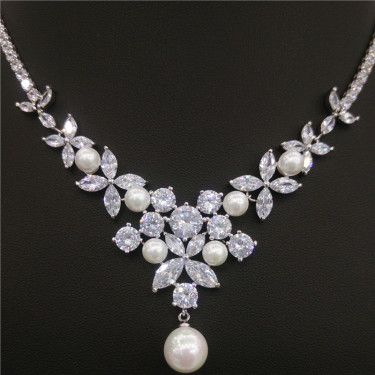 Bridal suite zircon Pearl Necklace + ear ear clip two pieces, simple wedding accessories Taobao source—2