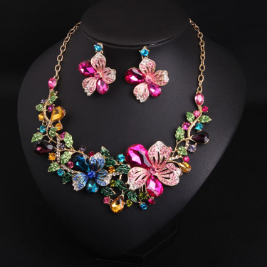 Europe and America luxury color flower crystal drill short clavicle Necklace Earrings Set women bride dinner dress ornaments—1