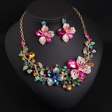 Europe and America luxury color flower crystal drill short clavicle Necklace Earrings Set women bride dinner dress ornaments—2