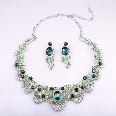 Europe and America luxury green crystal drill, short clavicle necklace, earring set dress, dinner party, bride woman jewelry—3