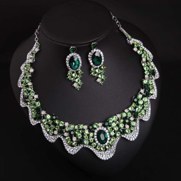 Europe and America luxury green crystal drill, short clavicle necklace, earring set dress, dinner party, bride woman jewelry—2