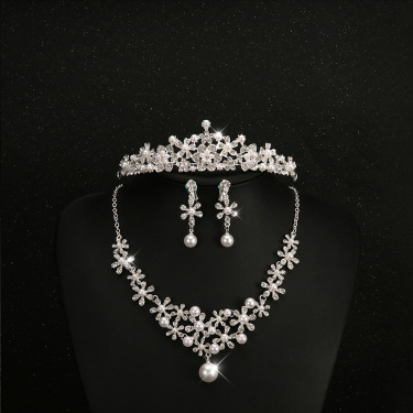 Bridal headdress, three sets of crystal flower necklace, diamond earrings, European and American Wind crown, wedding jewelry—4