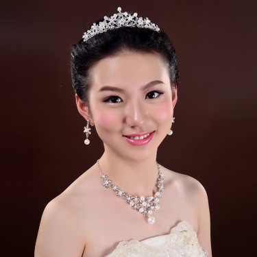 Bridal headdress, three sets of crystal flower necklace, diamond earrings, European and American Wind crown, wedding jewelry—2