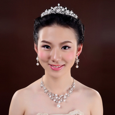 Bridal headdress, three sets of crystal flower necklace, diamond earrings, European and American Wind crown, wedding jewelry—1