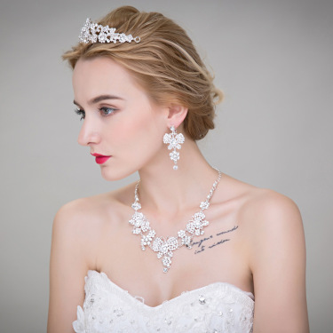 2021 Korean wedding bride headdress flower hair accessories Crown Necklace Earrings three piece Wedding Jewelry—1