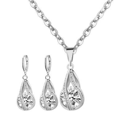 S163 Korean simple zircon jewelry set Silver Drop Necklace Earrings set new bride wedding—7