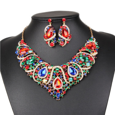 Aliexpress explosion of East Europe color exaggeration bride necklace earrings set color diamond alloy electroplating—9