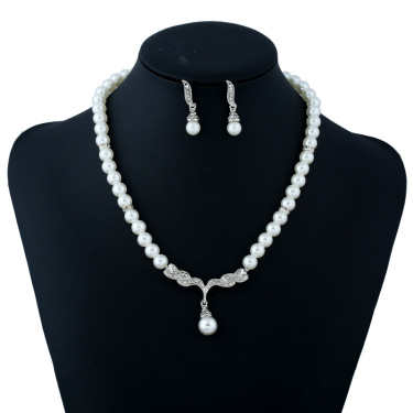 Korean temperament elegant angel wings diamond pearl necklace bride necklace earrings set accessories—2