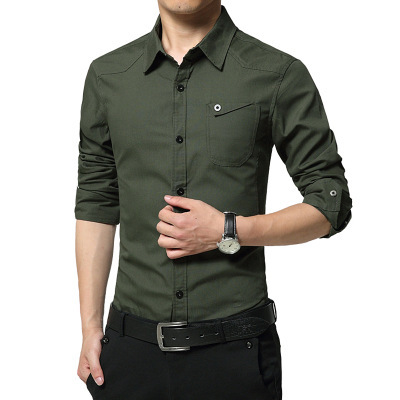 Men Solid Flap Pocket Lapel Collar Cotton Shirt