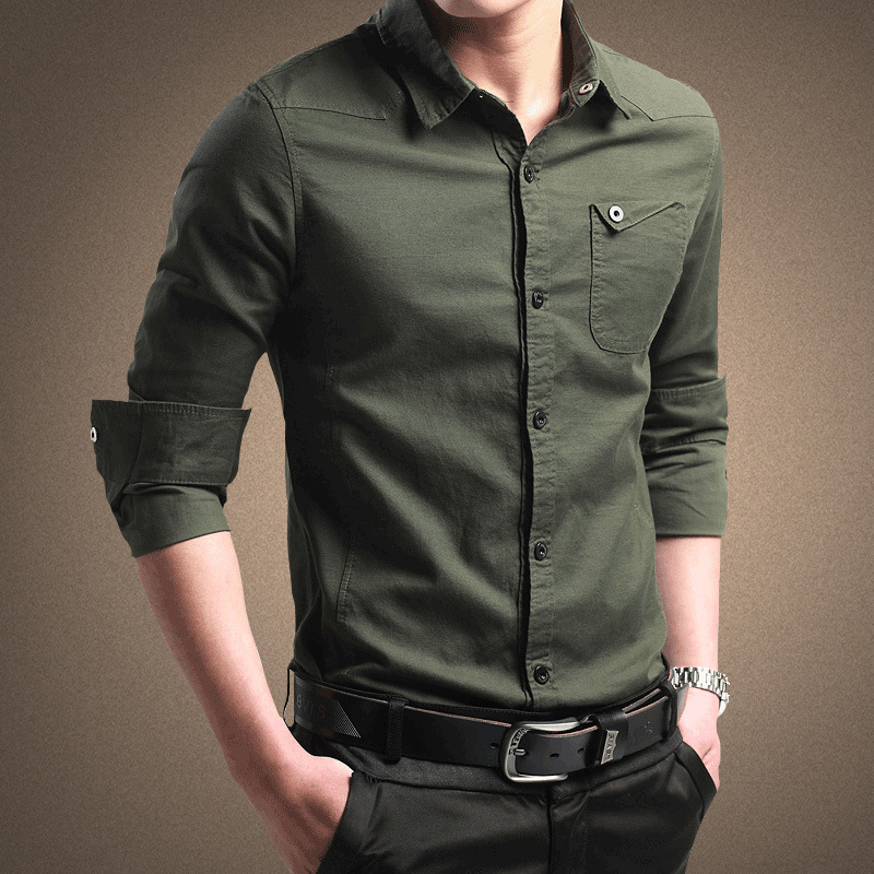 Men Solid Flap Pocket Lapel Collar Cotton Shirt