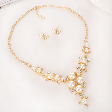 European luxury big diamond earrings necklace pearl necklace lost sweet bride jewelry set 9278—1