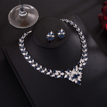 Bridal zircon suite evening dress, wedding dress, necklace, earring set gift, popular flower jewelry, platinum plated—2