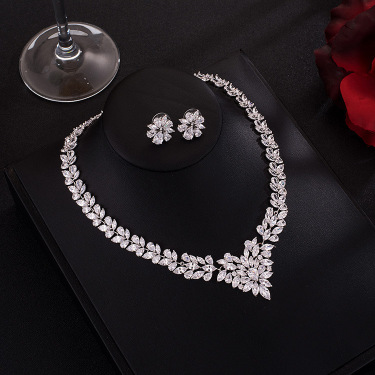 Bridal zircon suite evening dress, wedding dress, necklace, earring set gift, popular flower jewelry, platinum plated—3