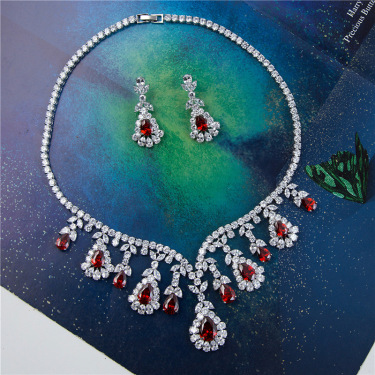 Quick selling foreign trade zircon bridal bridal jewelry set fashion magazine Necklace Earring dinner party decoration—1