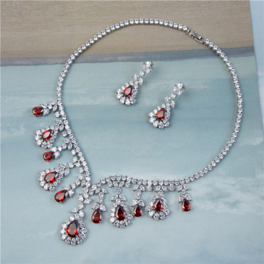 Quick selling foreign trade zircon bridal bridal jewelry set fashion magazine Necklace Earring dinner party decoration—2