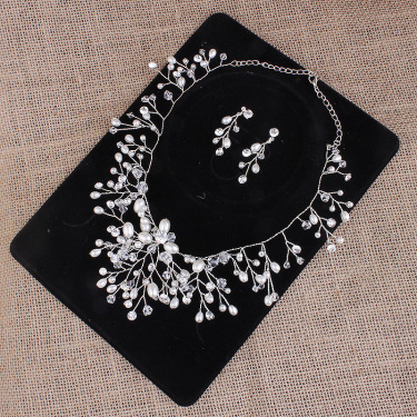 Two-piece Handmade Pearl Rhinestone Earrings Necklace—3