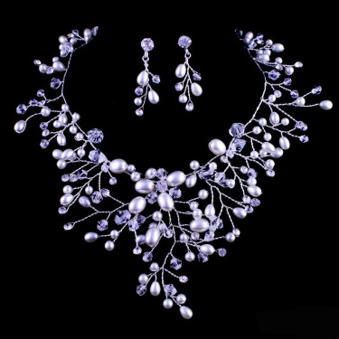 Two-piece Handmade Pearl Rhinestone Earrings Necklace—4