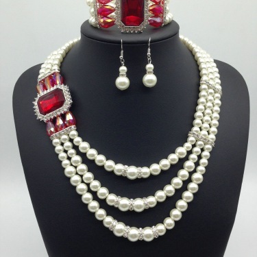 European fashion Diamond Gemstone Pearl Necklace Earrings Set multi bride chain bracelet three piece Necklace—1