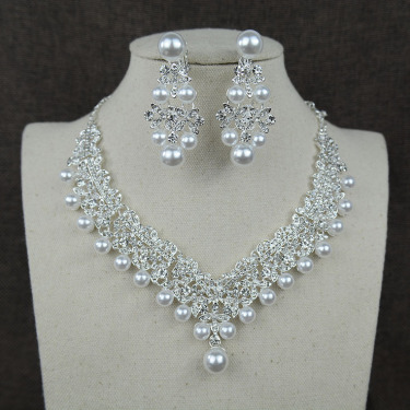 White pearl necklace diamond suit bride wedding accessories hair earrings set 0284—3