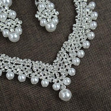 White pearl necklace diamond suit bride wedding accessories hair earrings set 0284—4