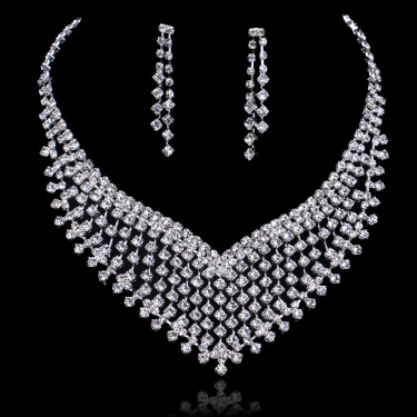 Europe and the United States fashionable bride Necklace exquisite jewelry Wedding Bridesmaid Diamond Necklace Earrings Jewelry Set—6